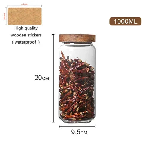 Large Sealed Food Storage Jar Kitchen Container with Wood Lid Spices Glass Clear Pasta Airtight Canister Organizer Bottles Set