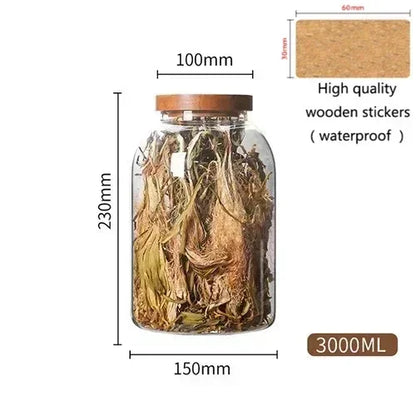 Large Sealed Food Storage Jar Kitchen Container with Wood Lid Spices Glass Clear Pasta Airtight Canister Organizer Bottles Set
